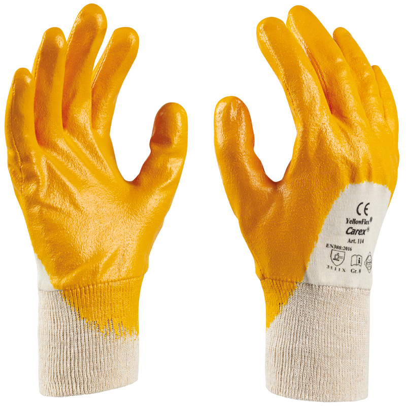 Art. 114 YELLOWFLEX® Baumwollhandschuh mit Beschichtung, Farbe: gelb/orange